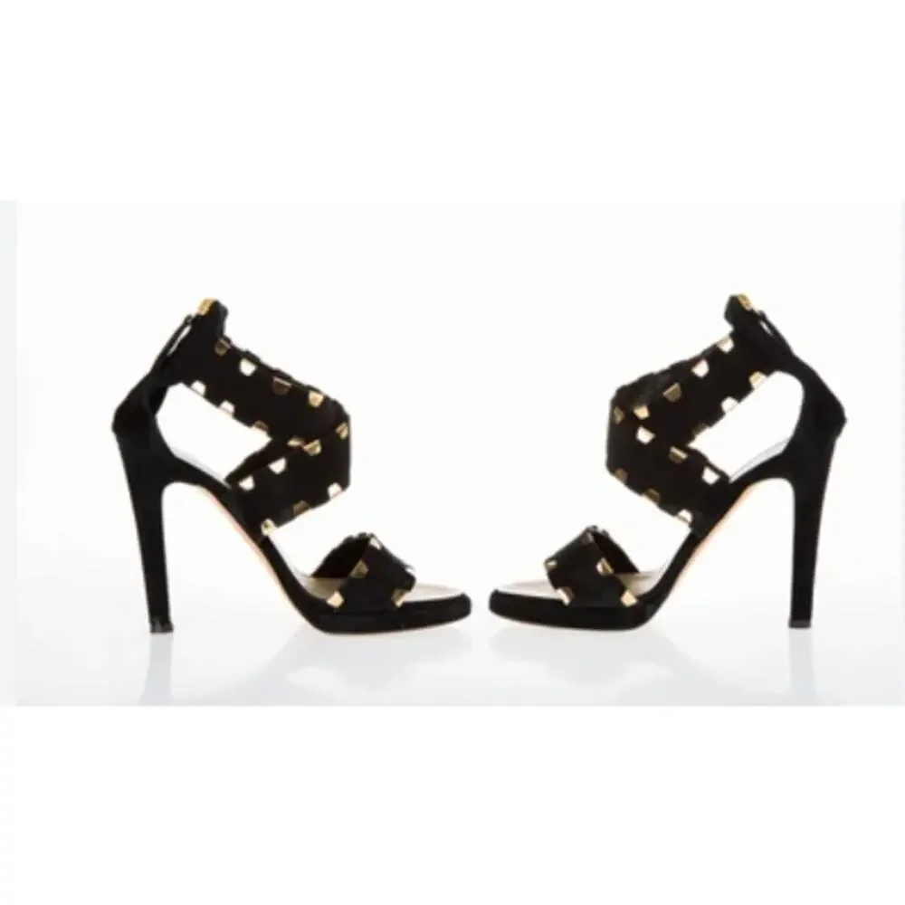 Giuseppe Zanotti Black Suede Cross Ankle Strap Sandals Gold 38.5